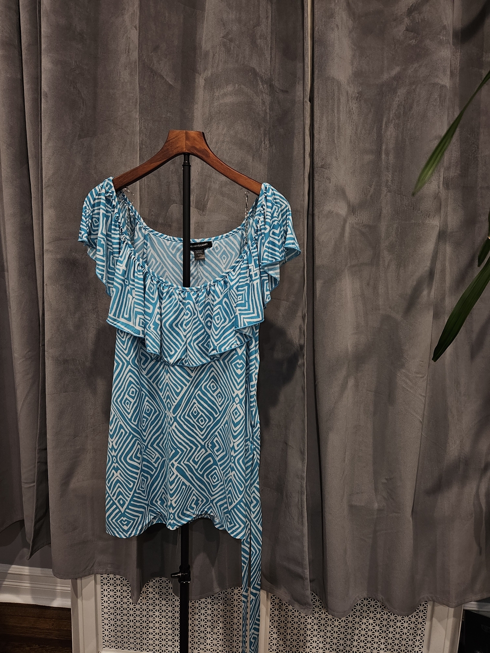Ashley Stewart Turquoise Geometric Ruffle Off-Shoulder Top